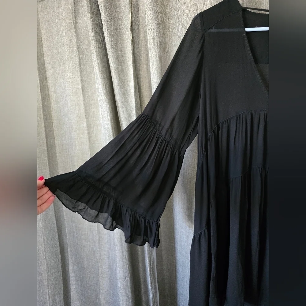 Young Fabulous Broke Sheer Long Sleeve Tiered Dress Black V Neck Size S - Picture 3 of 5